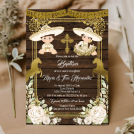 Gold Floral Mexican Baptism Fiesta Twin Invitatio Kaart