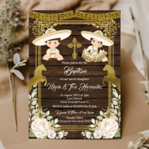 Gold Floral Mexican Baptism Fiesta Twin Invitatio Kaart