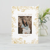 Gold Floral Modern Typografie Foto Afstuderen Aankondiging (Staand voorkant)