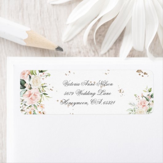Gold Floral Modern Wedding Return Label (Insitu)