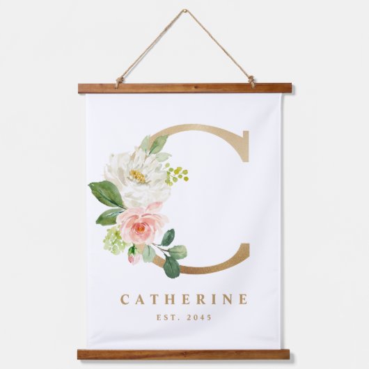Gold  Floral Monogram Letter C Baby Nursery Hangend Wandkleed (Voorkant)