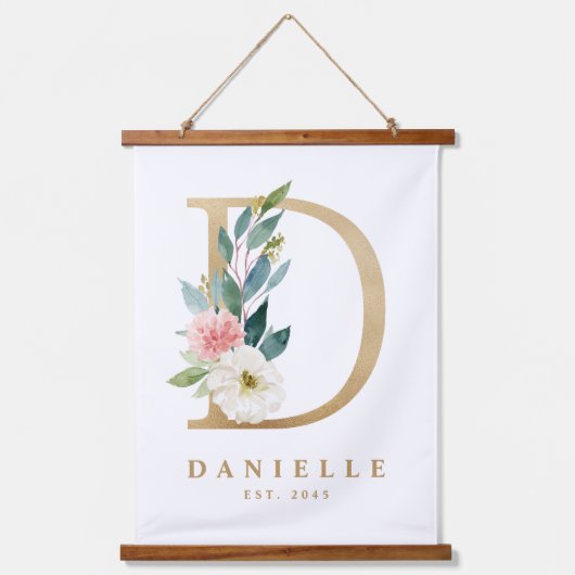 Gold Floral Monogram Letter D Baby Nursery Hangend Wandkleed (Voorkant)