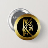 GOLD FLORAL MONOGRAM LETTER K RONDE BUTTON 5,7 CM (Voorkant /achterkant)