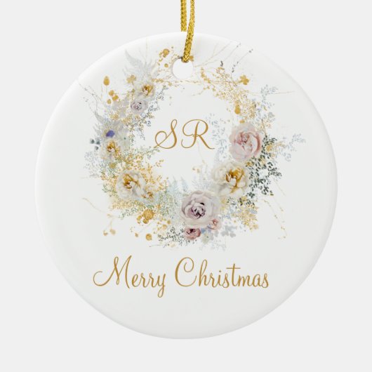 Gold Floral Monogram Logo Kerstmis Keramisch Ornament (Voorkant)