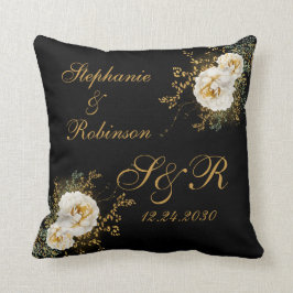 Gold Floral Monogram Logo op Black Weddenschap Gif Kussen