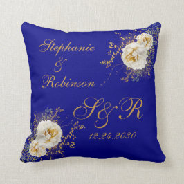 Gold Floral monogram Logo op marinesblauwe bruilof Kussen