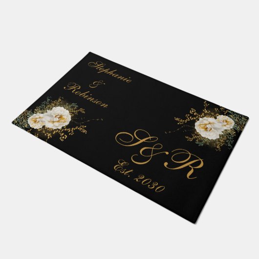 Gold Floral Monogram Logo Wedding Deurmat (Schuin)