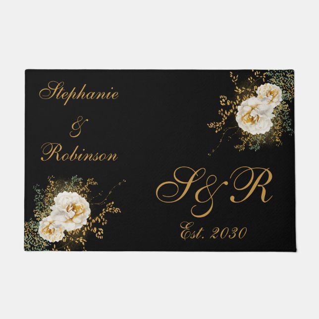 Gold Floral Monogram Logo Wedding Deurmat (Voorkant)