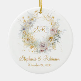 Gold Floral Monogram Logo Wedding Gift Keramisch Ornament