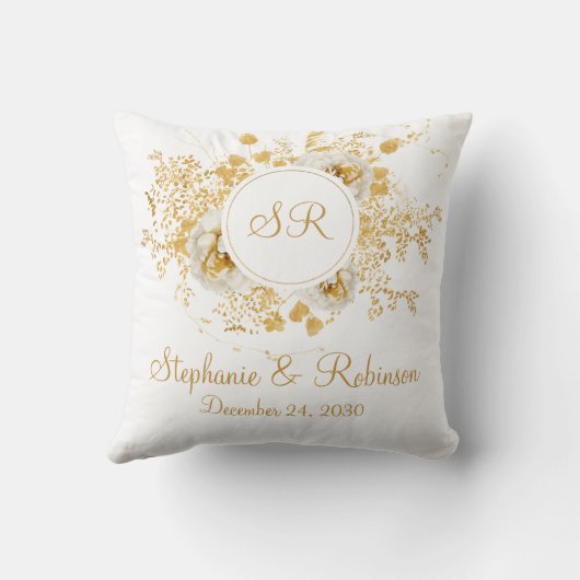 Gold Floral Monogram Logo Wedding Gift Kussen (Achterkant)