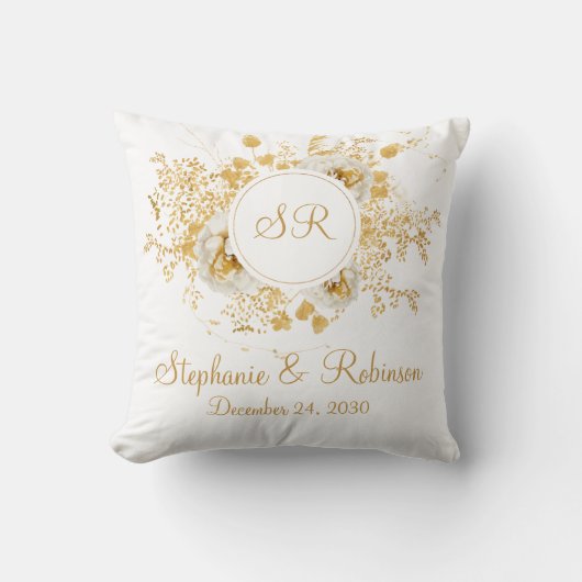 Gold Floral Monogram Logo Wedding Gift Kussen (Voorkant)
