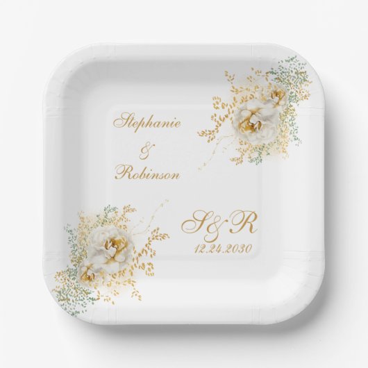 Gold Floral Monogram Logo Wedding Papieren Bordje (Voorkant)