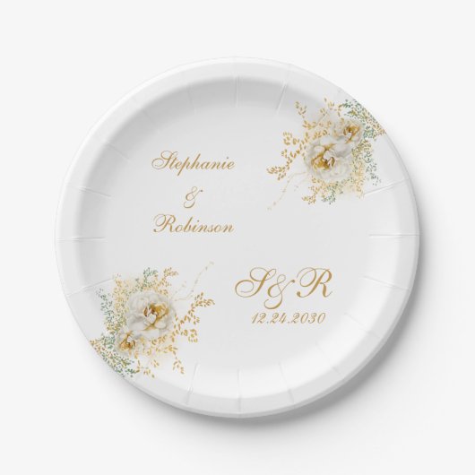 Gold Floral Monogram Logo Wedding Sierkussen Papieren Bordje (Voorkant)