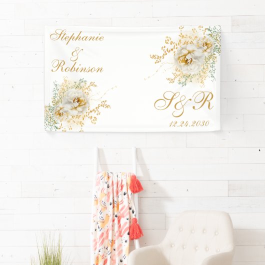 Gold Floral Monogram Logo Wedding Spandoek (Insitu)