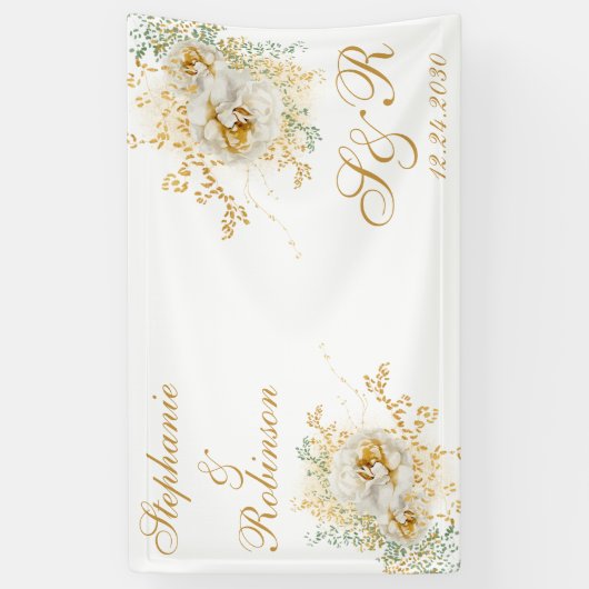 Gold Floral Monogram Logo Wedding Spandoek (Verticaal)