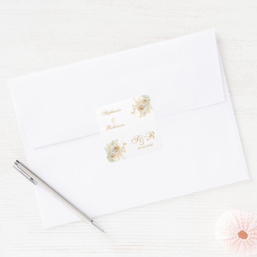 Gold Floral Monogram Logo Wedding Vierkante Sticker (Envelop)