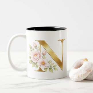 Gold Floral Monogram N Mug Tweekleurige Koffiemok