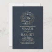 Gold Floral Monogram Navy Engagement Party Kaart (Voorkant)