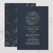 Gold Floral Monogram  Navy Engagement Party Kaart (Voorkant / Achterkant)