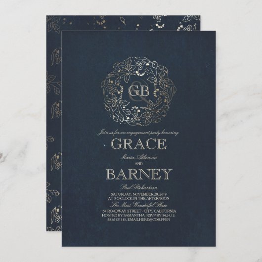 Gold Floral Monogram  Navy Engagement Party Kaart (Voorkant / Achterkant)