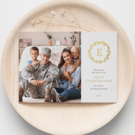 Gold Floral Monogram Thanksgiving Greep Foto Folie Feestdagenkaart
