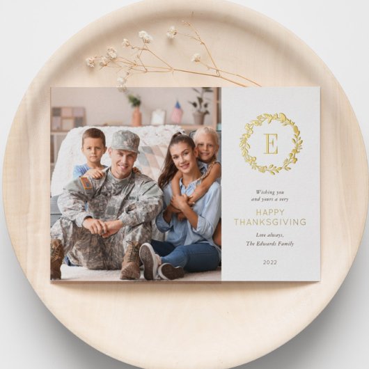 Gold Floral Monogram Thanksgiving Greep Foto Folie Feestdagenkaart