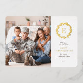 Gold Floral Monogram Thanksgiving Greep Foto Folie Feestdagenkaart (Voorkant)