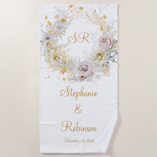 Gold Floral Monogram Wedding Gift Beach Towel Strandlaken (Voorkant)