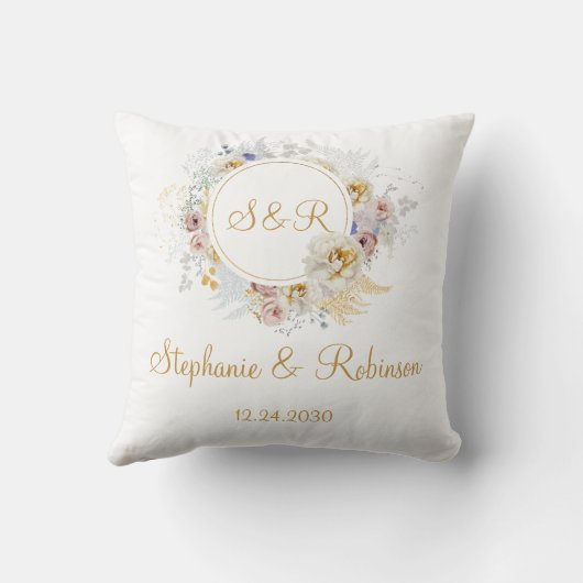 Gold Floral Monogram Wedding Sierkussen (Achterkant)