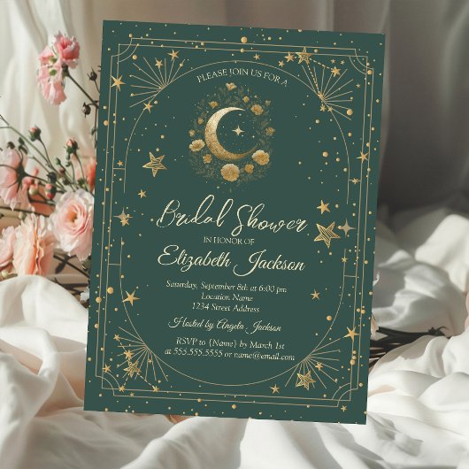 Gold Floral Moon Stars Frame Green Bridal Shower Kaart