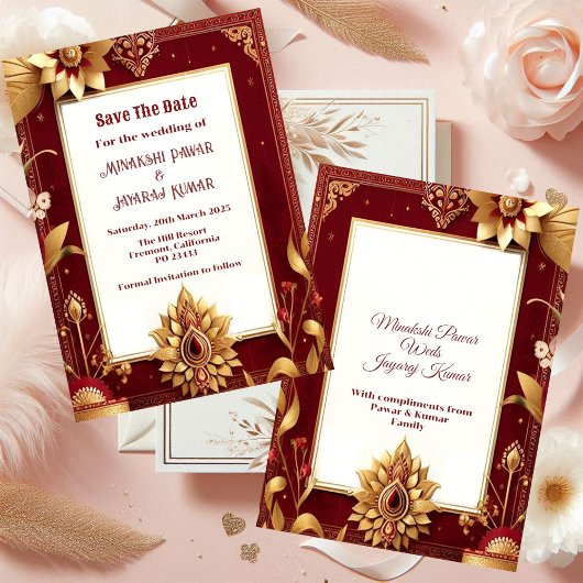 Gold Floral Motif Asymmetric Grand Indian Wedding  Save The Date