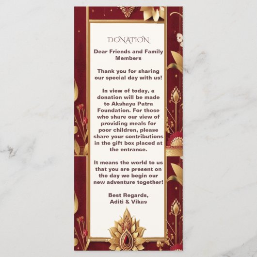 Gold Floral Motif Ornate Asymmetric Indian Wedding Menu (Achterkant)