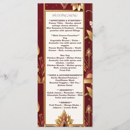 Gold Floral Motif Ornate Asymmetric Indian Wedding Menu (Voorkant)