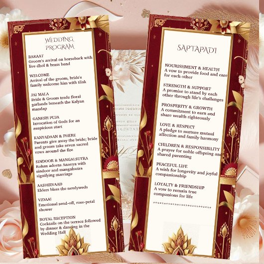 Gold Floral Motif Ornate Asymmetric Indian Wedding Programmakaart