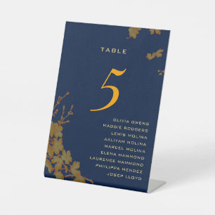 Gold Floral Navy Blue Guest Reclamebord Met Voetstuk