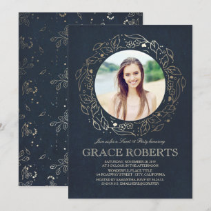 Gold Floral Navy    Sweet Sixteen Birthday Kaart