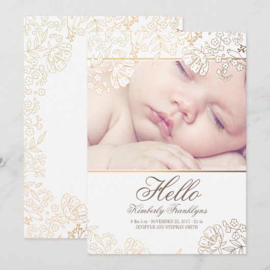 Gold Floral Newborn Baby Foto geboorteaankondiging Aankondiging (Voorkant / Achterkant)