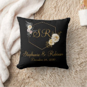 Gold Floral op Black Monogram Logo Weddenschap Gif Kussen (Deken)