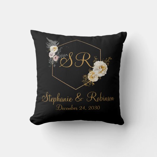 Gold Floral op Black Monogram Logo Weddenschap Gif Kussen (Voorkant)