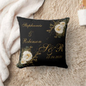 Gold Floral op Black Monogram Logo Wedding Kussen (Deken)