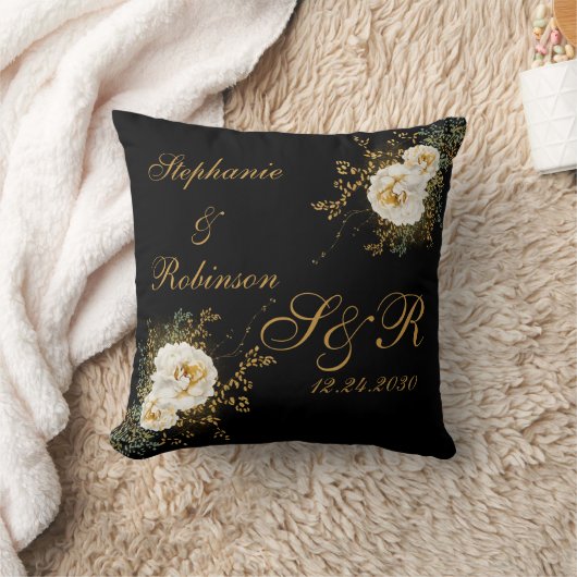 Gold Floral op Black Monogram Logo Wedding Kussen (Deken)