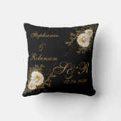 Gold Floral op Black Monogram Logo Wedding Kussen (Achterkant)