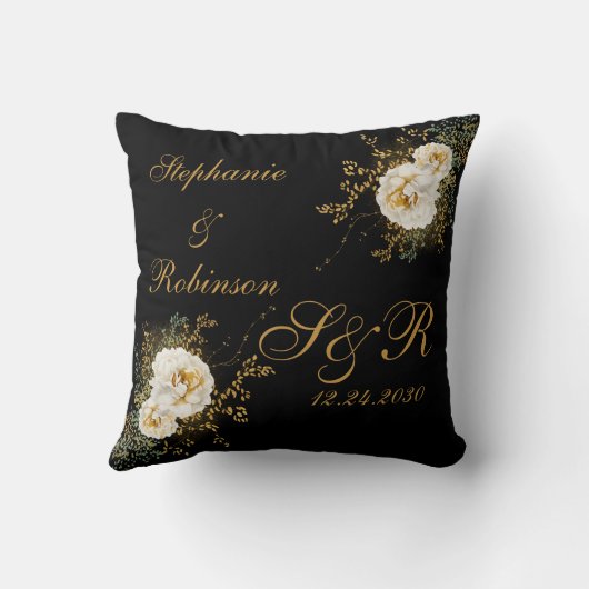 Gold Floral op Black Monogram Logo Wedding Kussen (Achterkant)