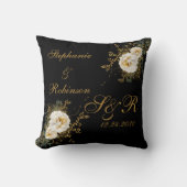 Gold Floral op Black Monogram Logo Wedding Kussen (Voorkant)