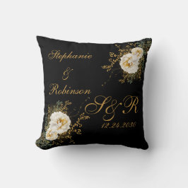 Gold Floral op Black Monogram Logo Wedding Kussen