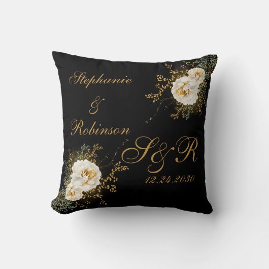 Gold Floral op Black Monogram Logo Wedding Kussen (Voorkant)