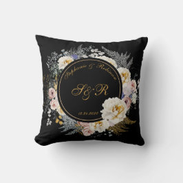 Gold Floral op Black Monogram Wedding Kussen