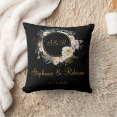 Gold Floral op Black Monogram Wedding Sierkussen (Deken)