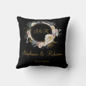Gold Floral op Black Monogram Wedding Sierkussen (Achterkant)