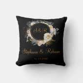 Gold Floral op Black Monogram Wedding Sierkussen (Voorkant)